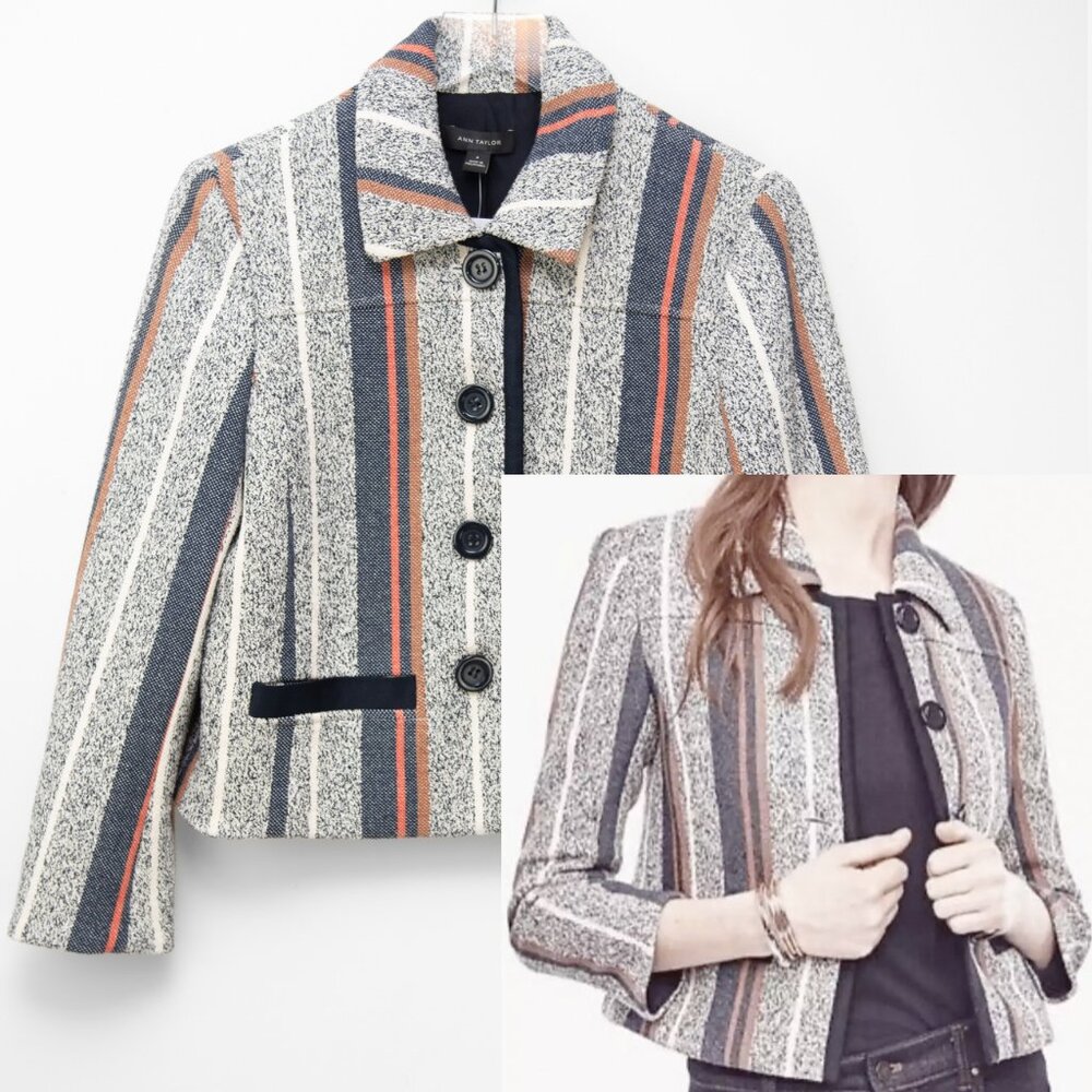 Ann Taylor Tweed Blazer Stripe Multicolor Cropped Office Blue Cream Size 8 New - Picture 1 of 8